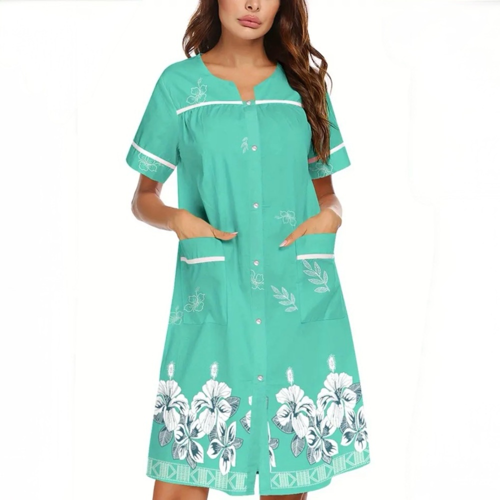 Ekouaer - Floral Button-Down Dress in Teal and White